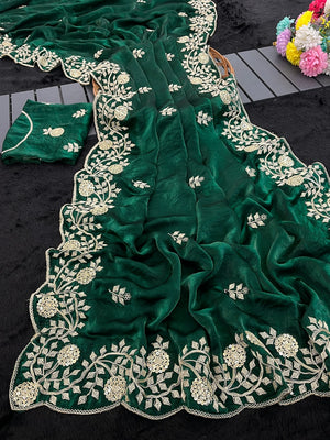 Green Party Wear Saree in Fandy Satin Fabric with Detailed Thread Embroidery Work - Image 2