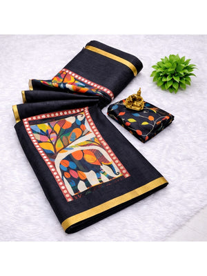 Black Graceful Black Linen Cotton Saree With Stylish Floral Prints For Effortless Elegance - Image 2