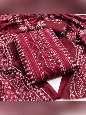 Maroon Batik Printed Pure Cotton Unstitched Dress Material for Comfortable Daily Wear - Image 1