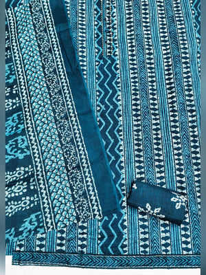 Teal Batik Printed Pure Cotton Unstitched Dress Material for Comfortable Daily Wear - Image 2
