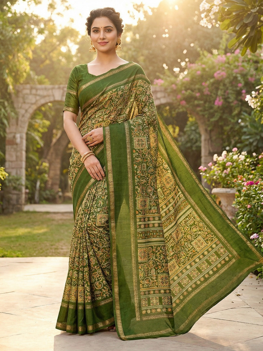 Elegant Green Tussar Silk Saree Featuring Traditional Zari Detailing - Image 1