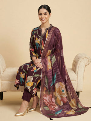 Wine Floral Digital Printed Linen Salwar Suit Crafted in a Comfortable Straight Fit - Image 2