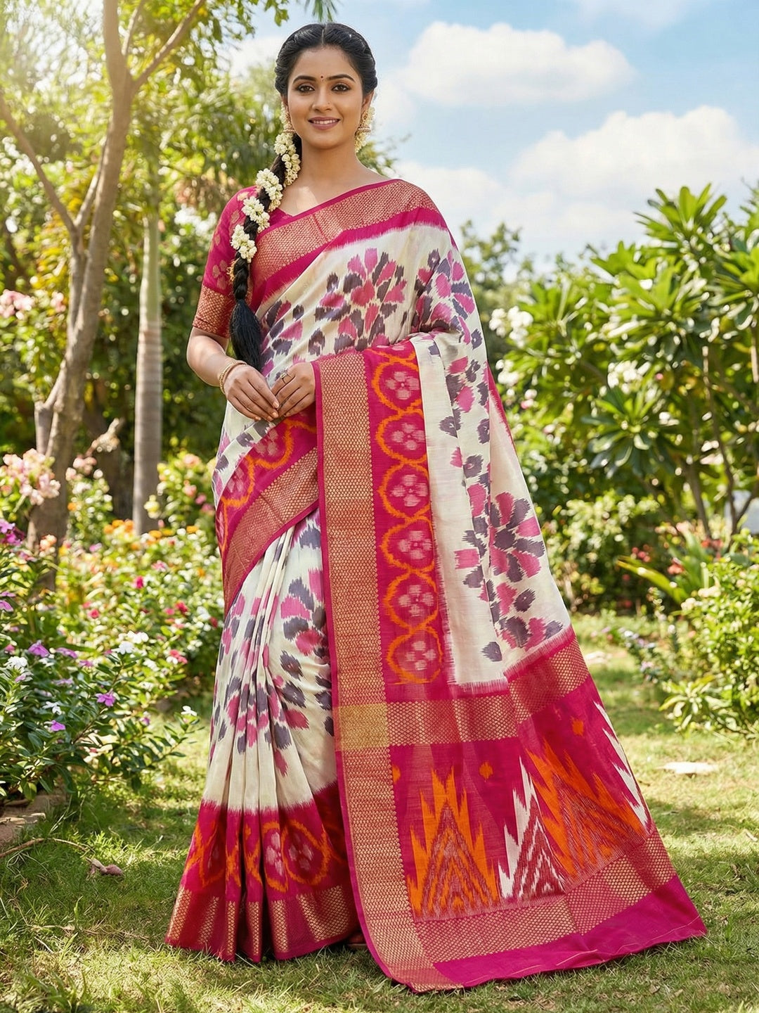 Cream & Pink Ikkat Woven Dola Silk Saree Accented with Zari Border - Image 1