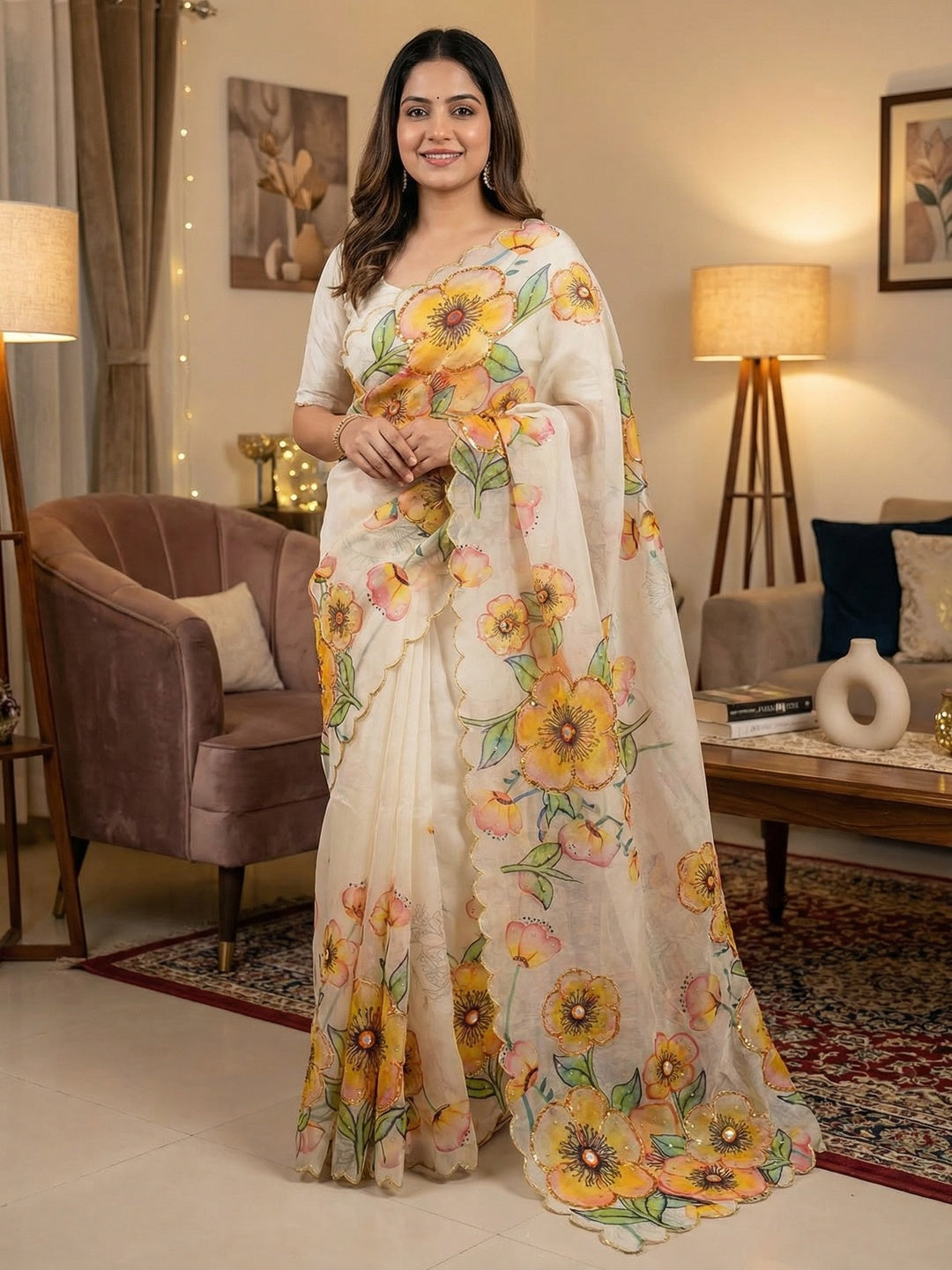 Off White Floral Print Pure Organza Saree with Soft Organza Texture and Sequins Work - Image 1