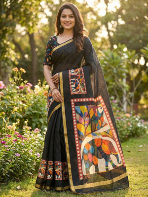 Black Graceful Black Linen Cotton Saree With Stylish Floral Prints For Effortless Elegance - Image 1