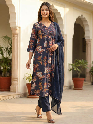 Navy Blue Floral Printed Straight Fit Viscose Salwar Suit with Elegant Embroidery Work - Image 1