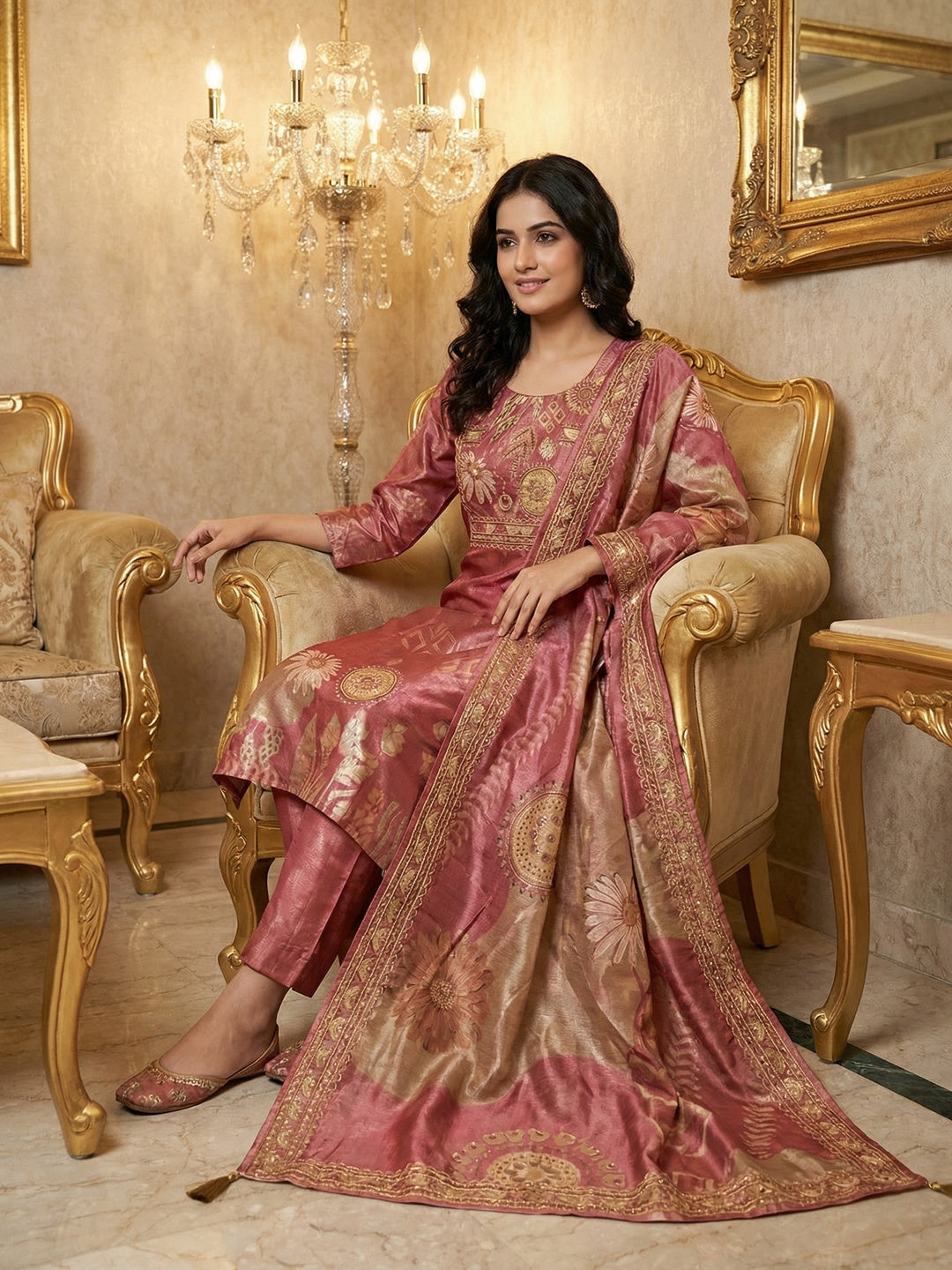 Pink Floral Print Shimmer Salwar Suit Featuring Handcrafted Neck Embellishment - Image 3