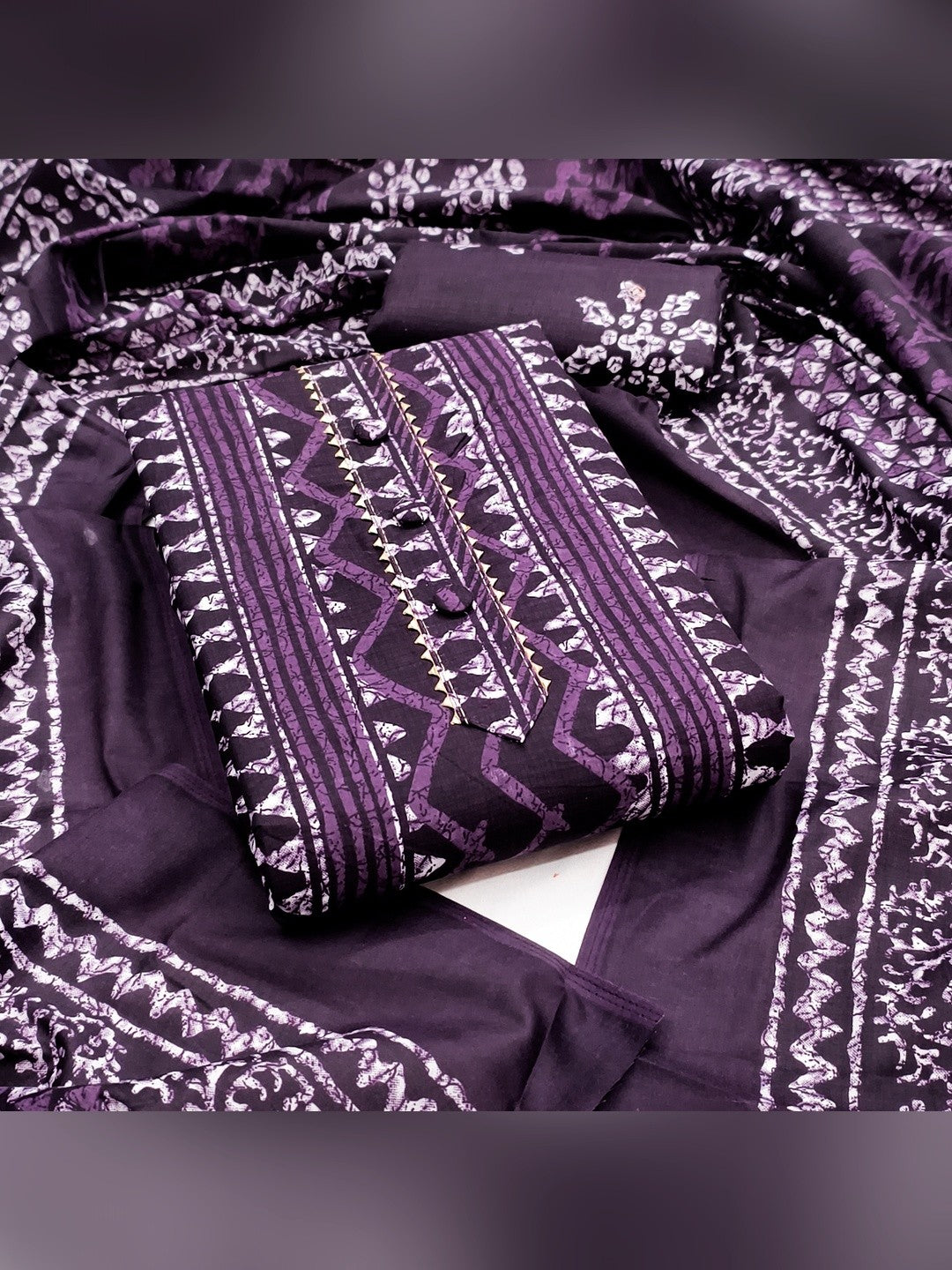 Purple Batik Printed Pure Cotton Unstitched Dress Material for Comfortable Daily Wear - Image 5