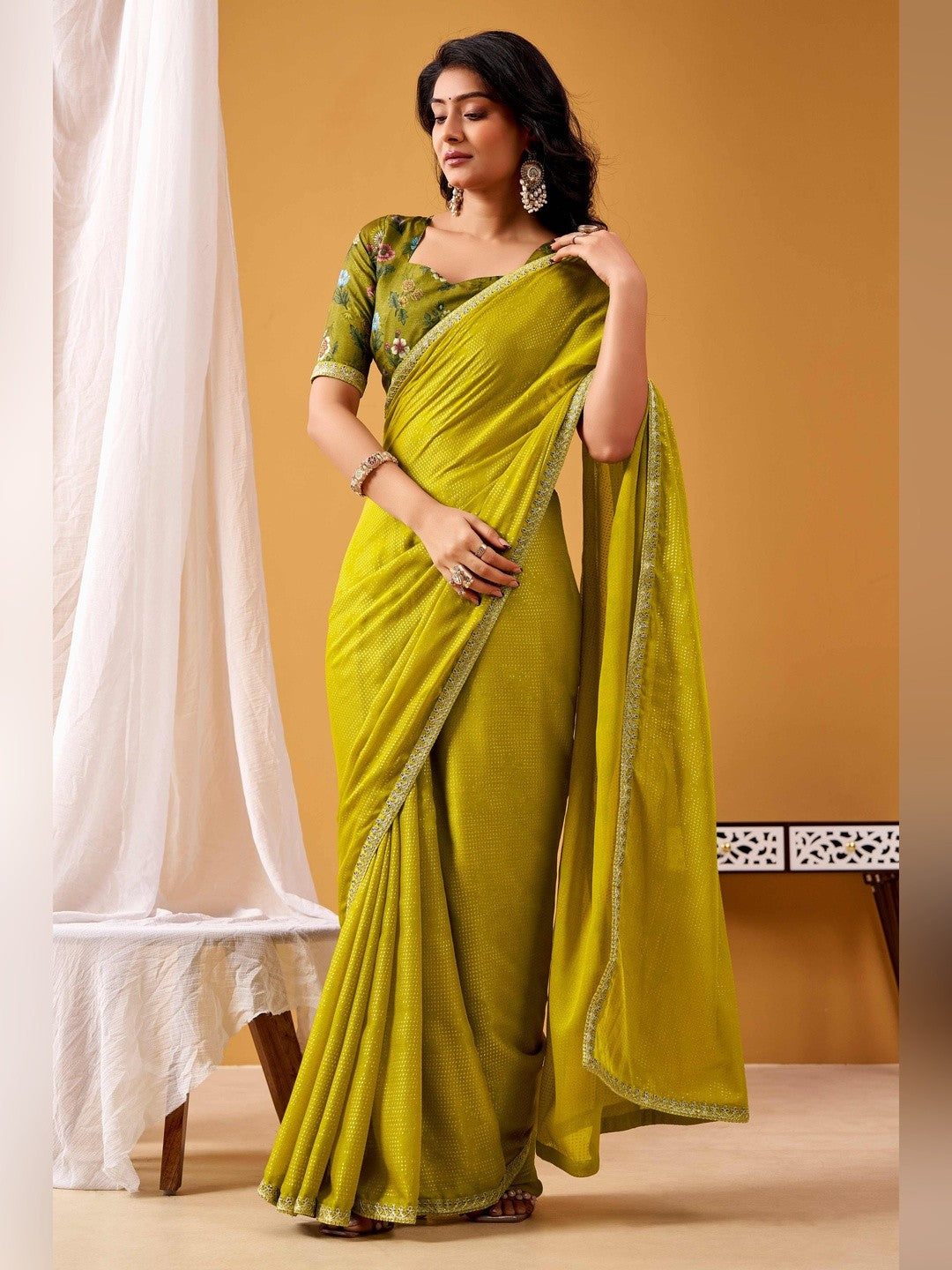 Refreshing Green Chiffon Saree Adorned With Luxe Foil Print & Shimmering Sequins Embroidery Border - Image 1