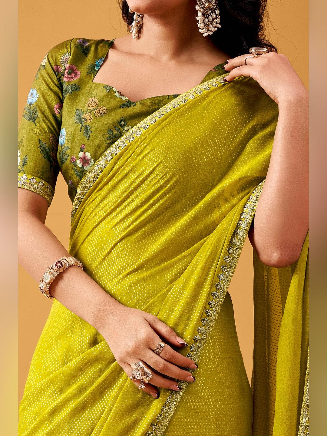 Refreshing Green Chiffon Saree Adorned With Luxe Foil Print & Shimmering Sequins Embroidery Border - Image 2
