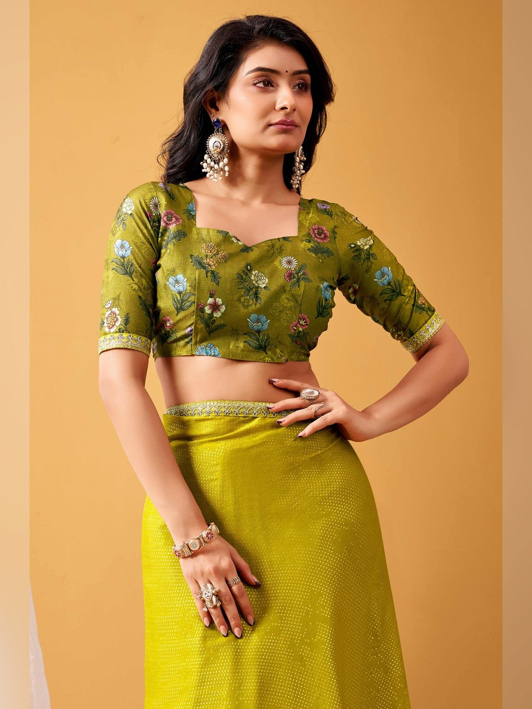 Refreshing Green Chiffon Saree Adorned With Luxe Foil Print & Shimmering Sequins Embroidery Border - Image 6