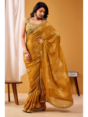 Rich Brown Chiffon Saree Featuring Luxe Foil Print & Refined Sequins Embroidery Border - Image 2