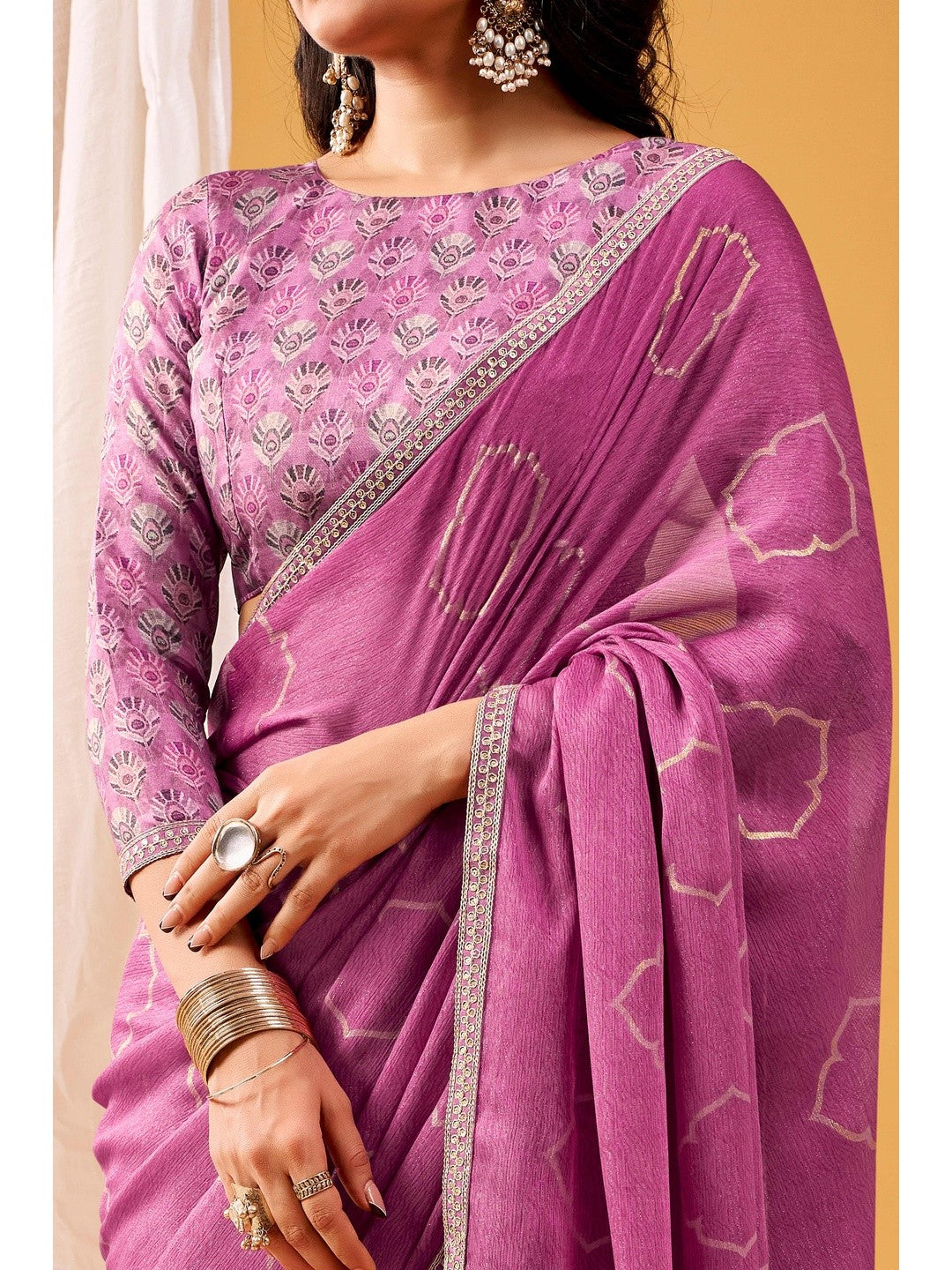 Vibrant Magenta Foil Printed Chiffon Saree Accented With Shimmering Sequins Embroidered Border Work - Image 2