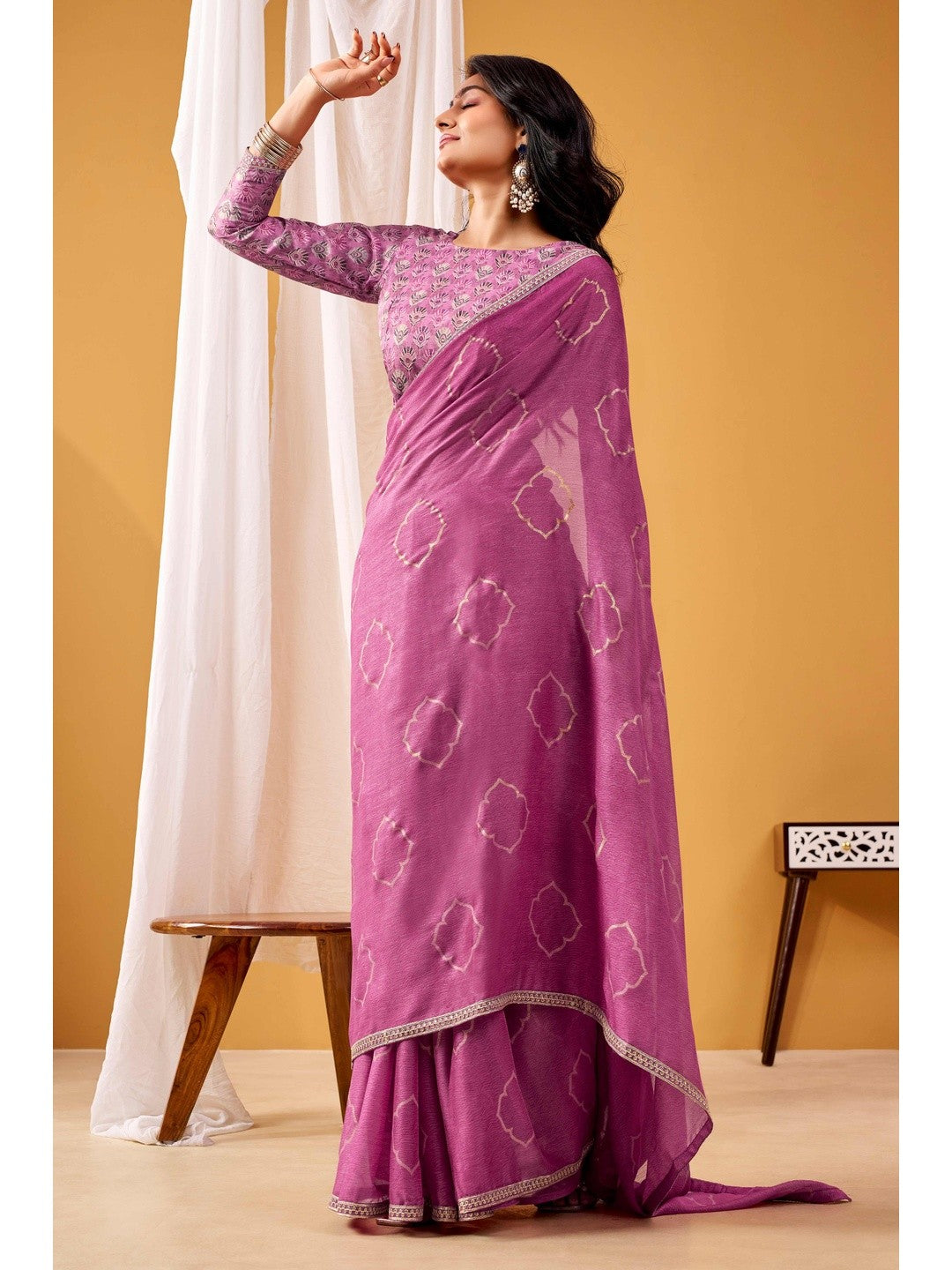 Vibrant Magenta Foil Printed Chiffon Saree Accented With Shimmering Sequins Embroidered Border Work - Image 3