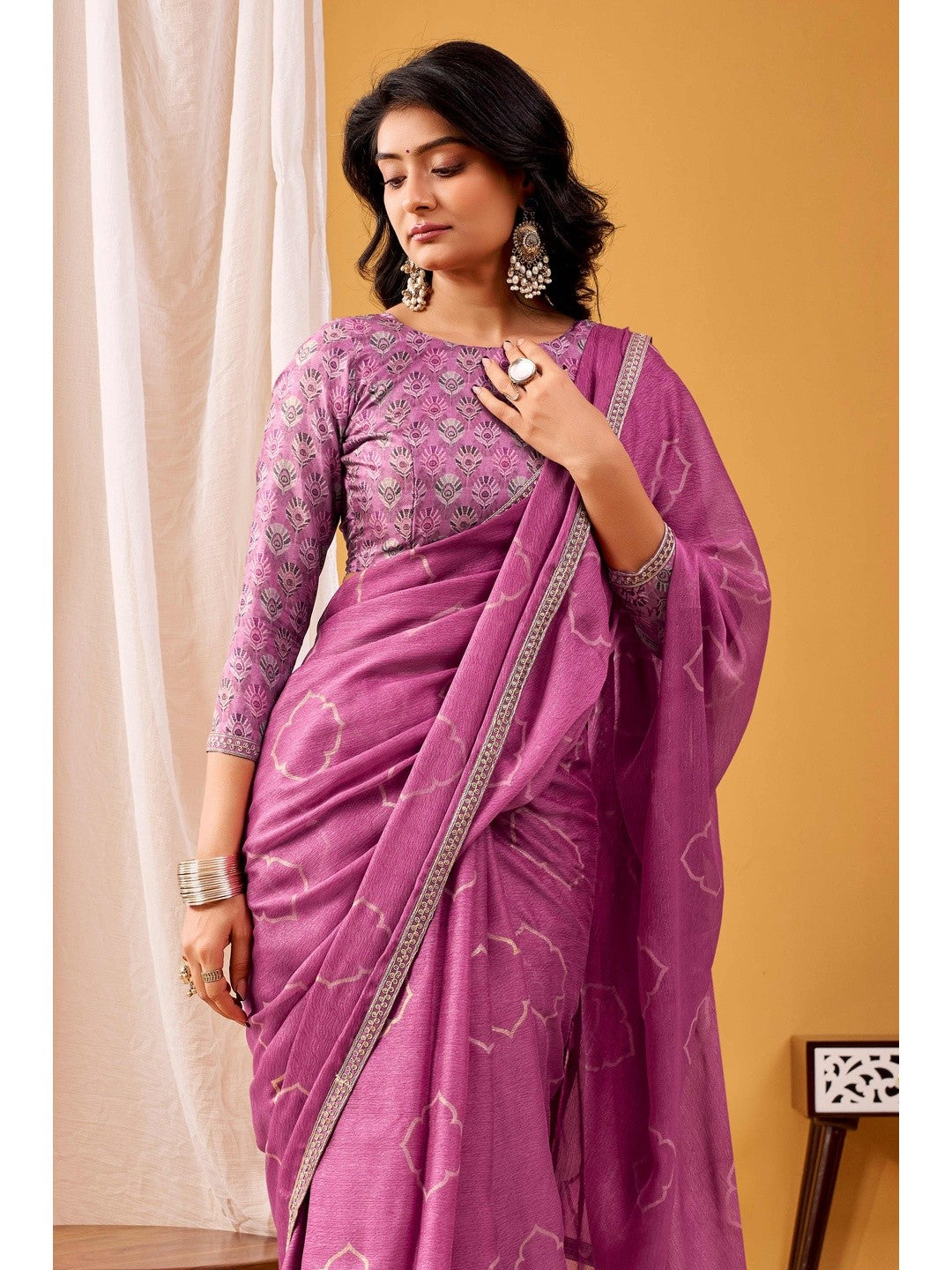 Vibrant Magenta Foil Printed Chiffon Saree Accented With Shimmering Sequins Embroidered Border Work - Image 5