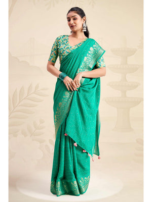 Refreshing Rama Green Floral Weaving Chinon Jacquard Saree With Artful Tassel Pallu Accent - Image 1