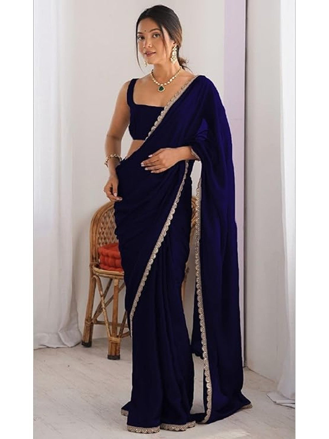 Royal Navy Blue Silk Blend Saree for Evening Parties with Lace Border Accent - Image 1