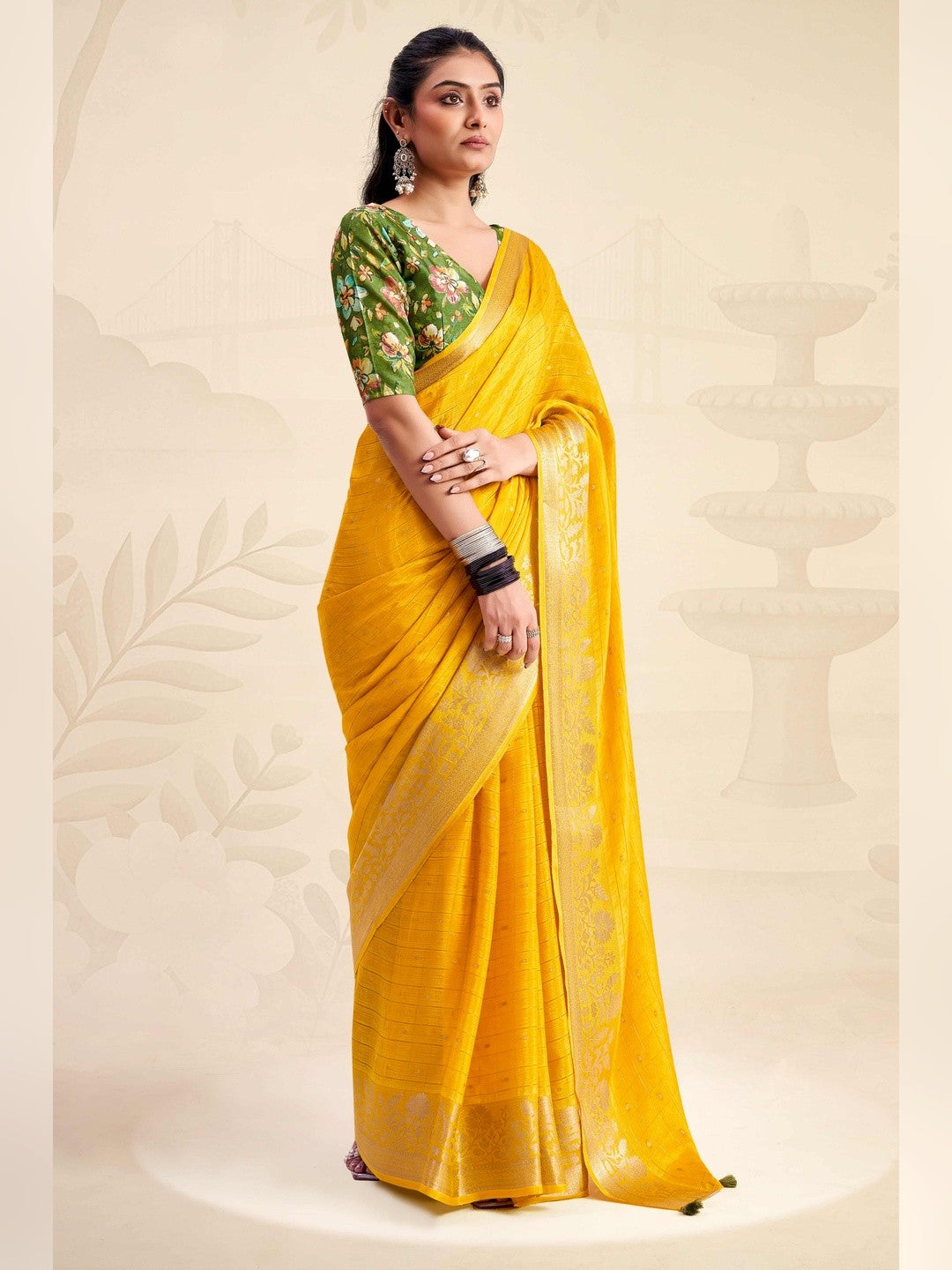 Refreshing Yellow Floral Weaving Chinon Jacquard Saree With Artful Tassel Pallu Accent - Image 1