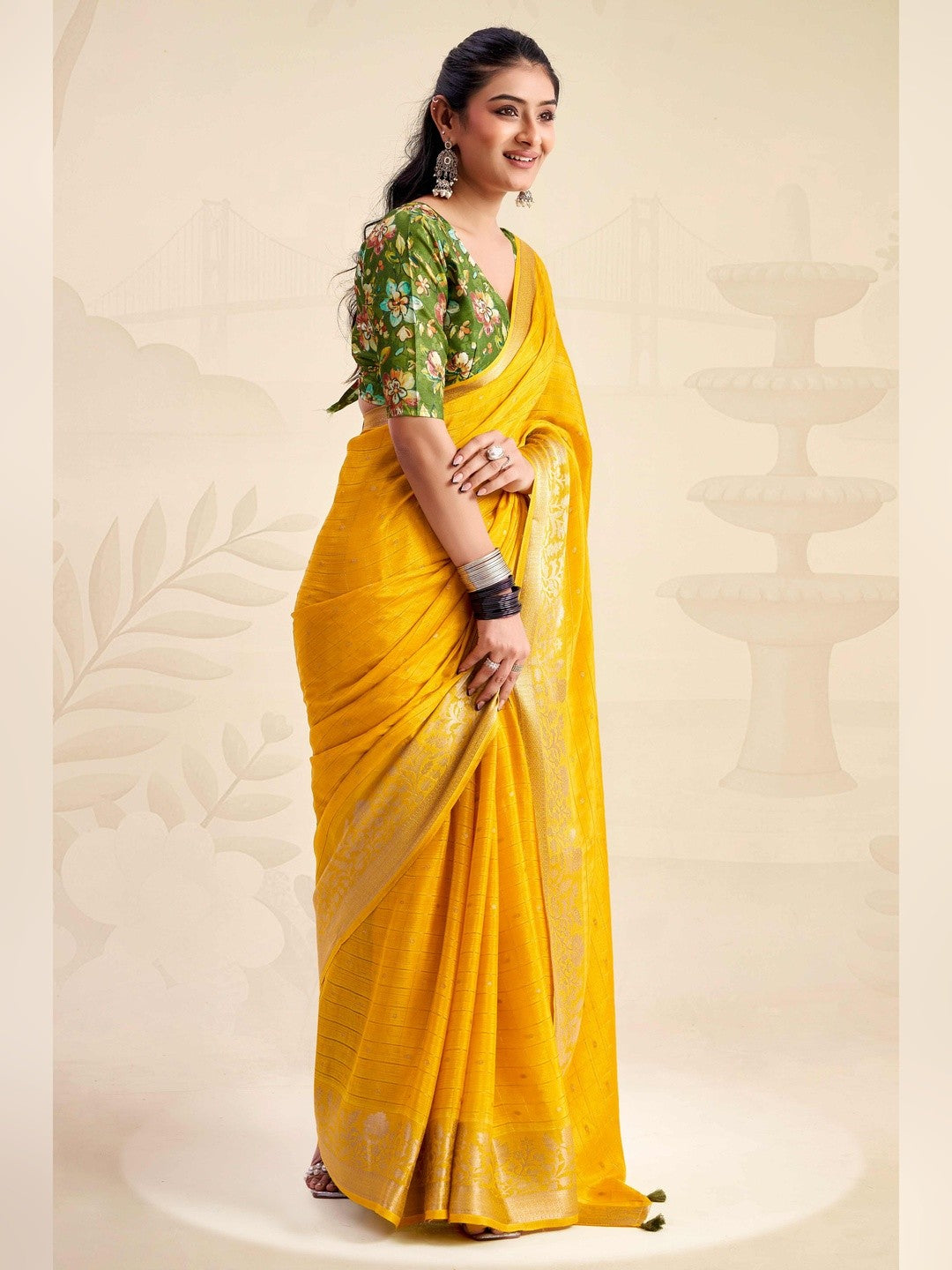 Refreshing Yellow Floral Weaving Chinon Jacquard Saree With Artful Tassel Pallu Accent - Image 3
