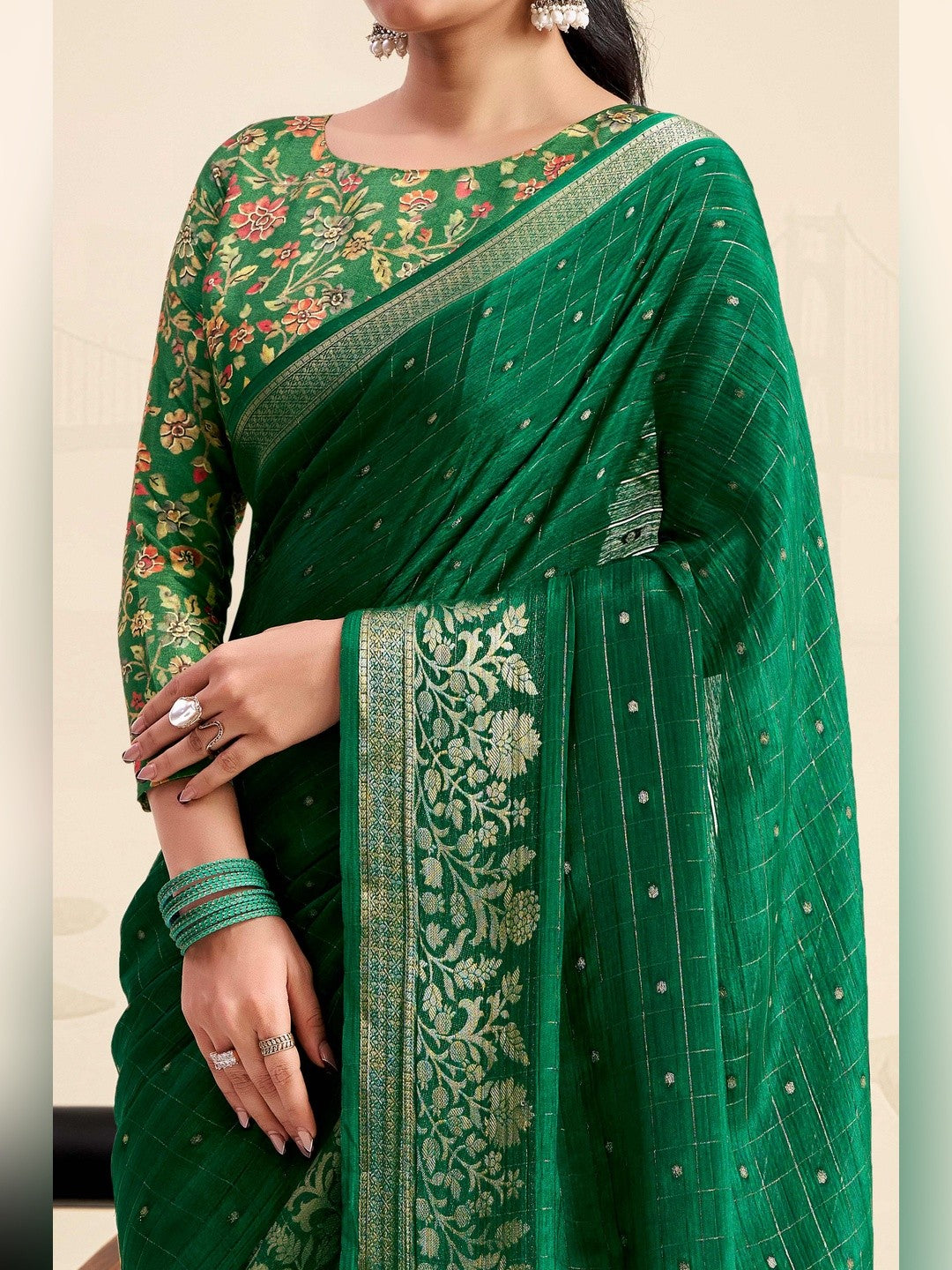 Refreshing Green Floral Weaving Chinon Jacquard Saree With Artful Tassel Pallu Accent - Image 2