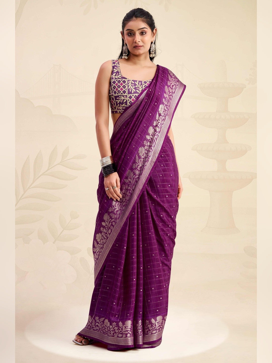 Refreshing Wine Floral Weaving Chinon Jacquard Saree With Artful Tassel Pallu Accent - Image 3