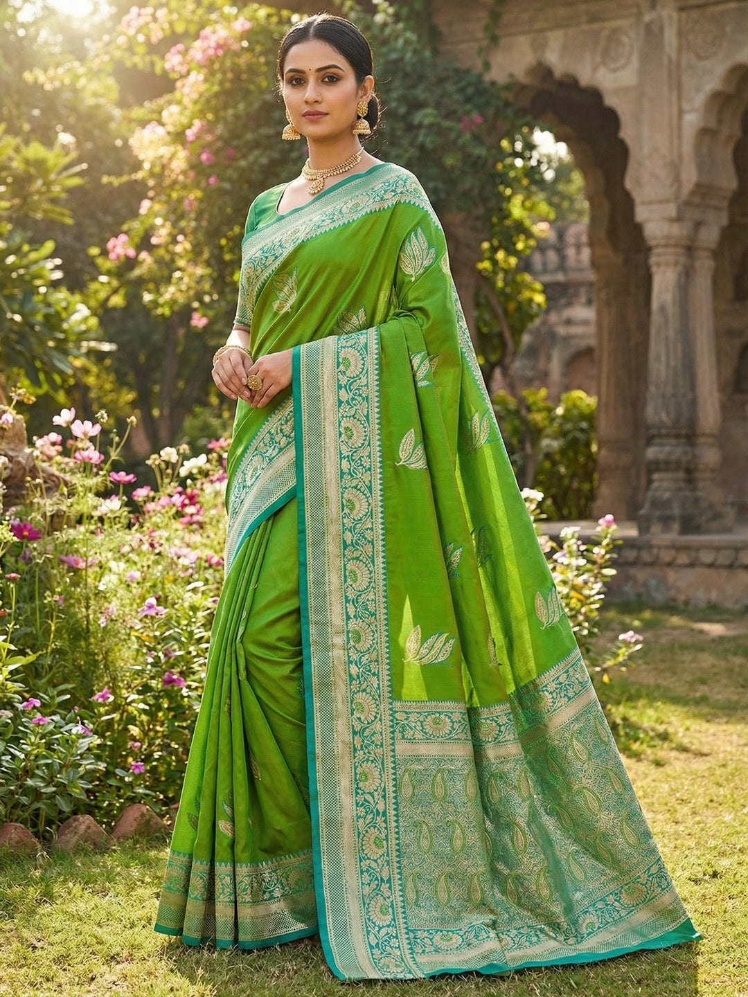 Green Authentic Banarasi Silk Saree with Fine Floral Zari Work for Festive Wear - Image 1