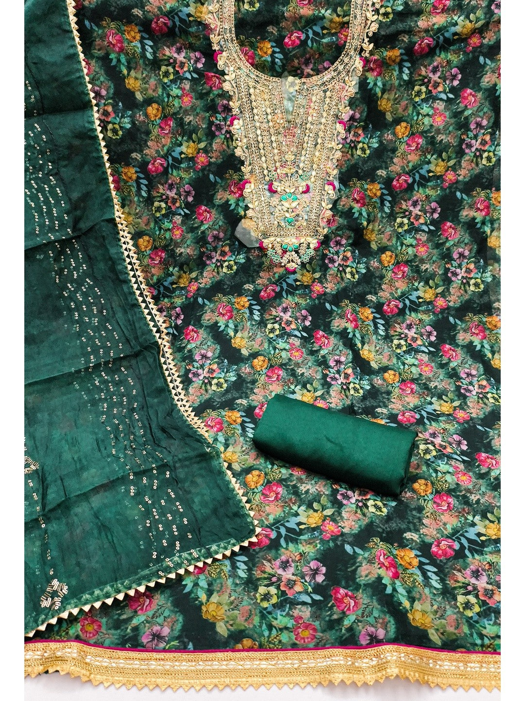 Classic Green Floral Digital Printed Organza Dress Material With Designer Cording Embroidery - Image 4