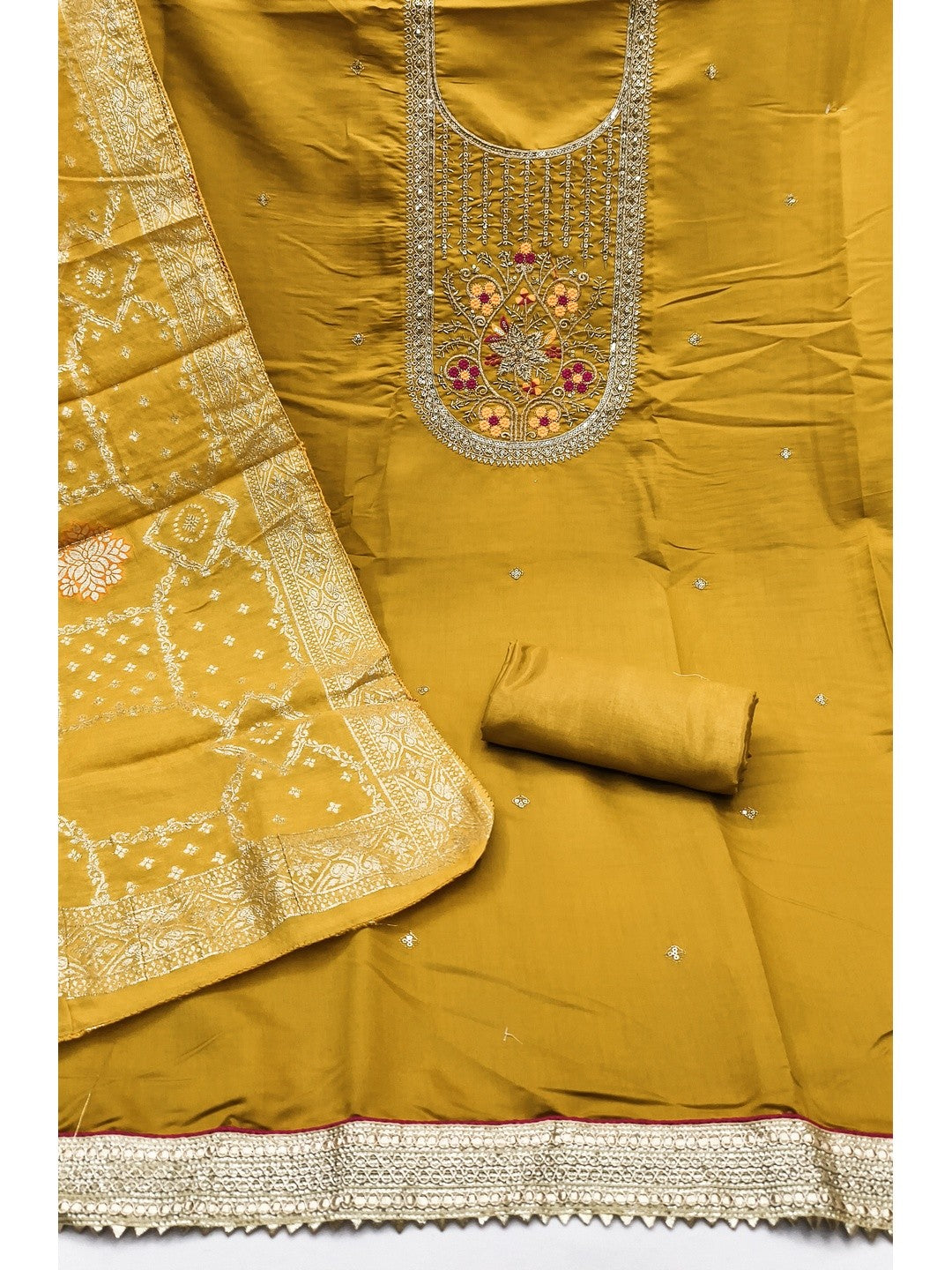 Elegant Mustard Cotton Silk Dress Material With Floral Embroidery & Shimmering Sequins Work - Image 3