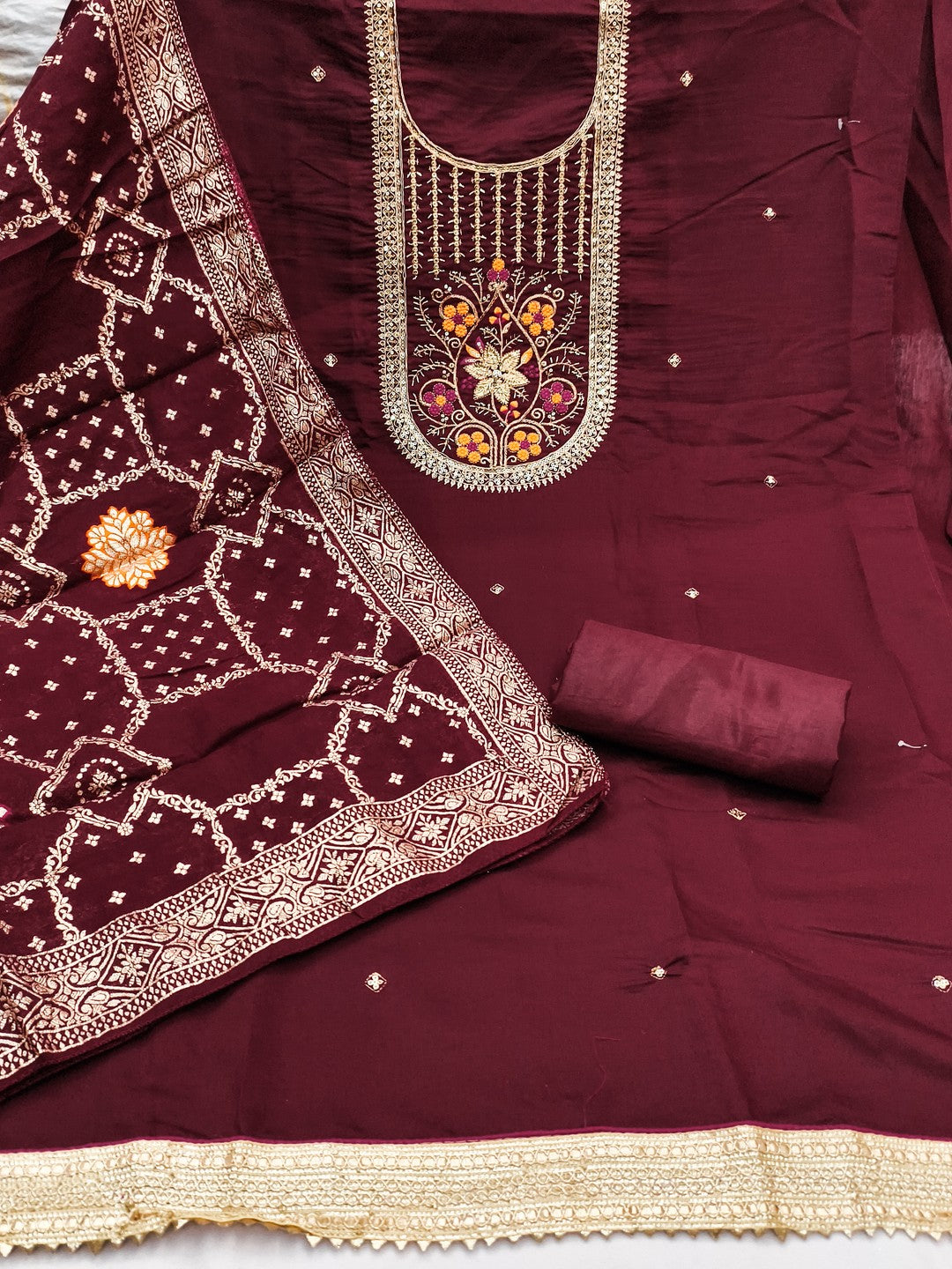 Elegant Maroon Cotton Silk Dress Material With Floral Embroidery & Shimmering Sequins Work - Image 3