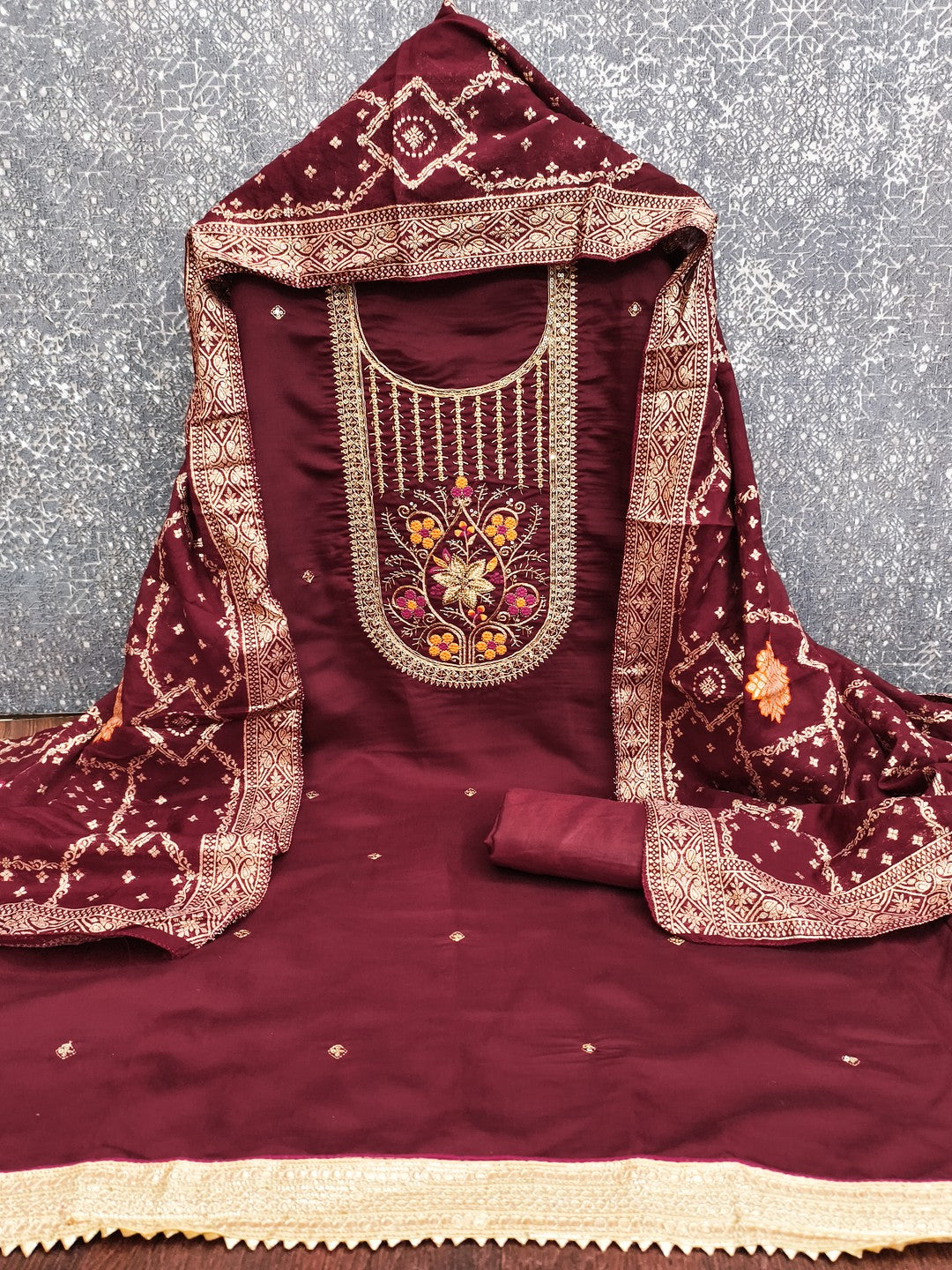Elegant Maroon Cotton Silk Dress Material With Floral Embroidery & Shimmering Sequins Work - Image 4