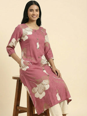 Pink Floral Printed Rayon A-Line Kurti with Button Detail - Image 2