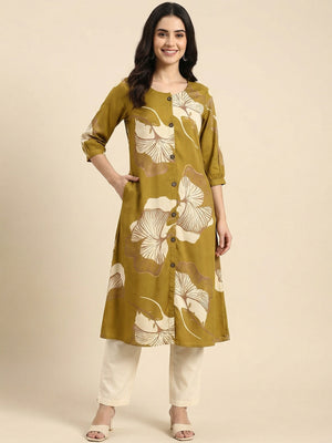 Olive Floral Printed Rayon A-Line Kurti with Button Detail - Image 1