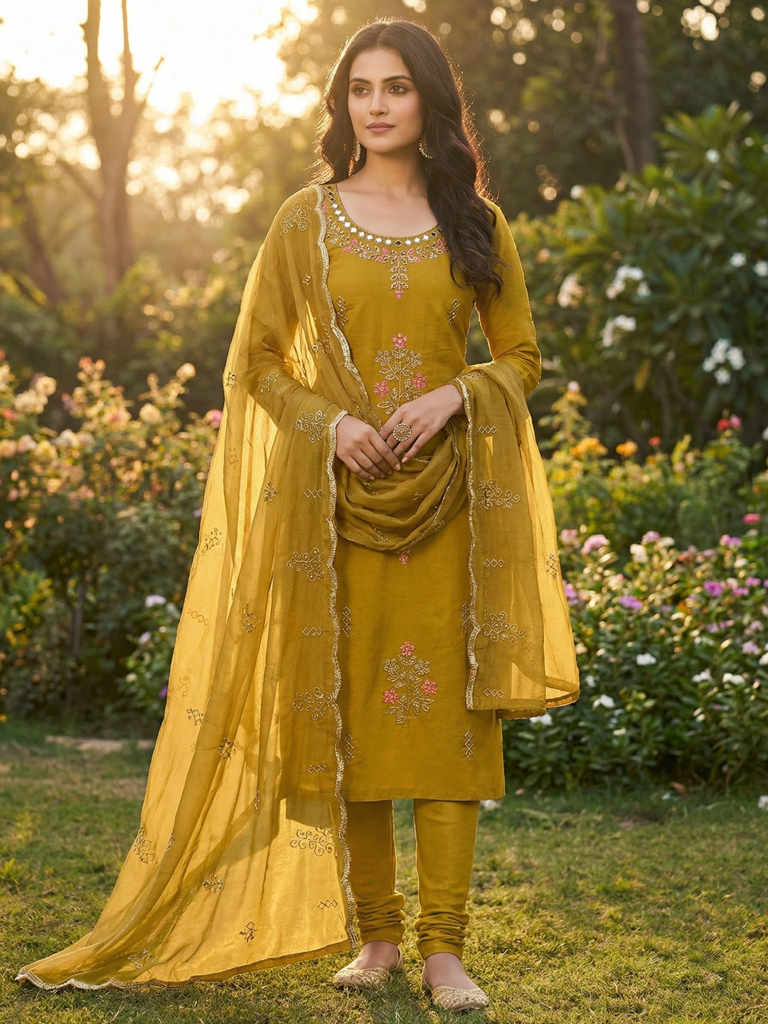 Premium Mustard Floral Hand Embroidered Cotton Silk Dress Material With Stone & Mirror Work - Image 1