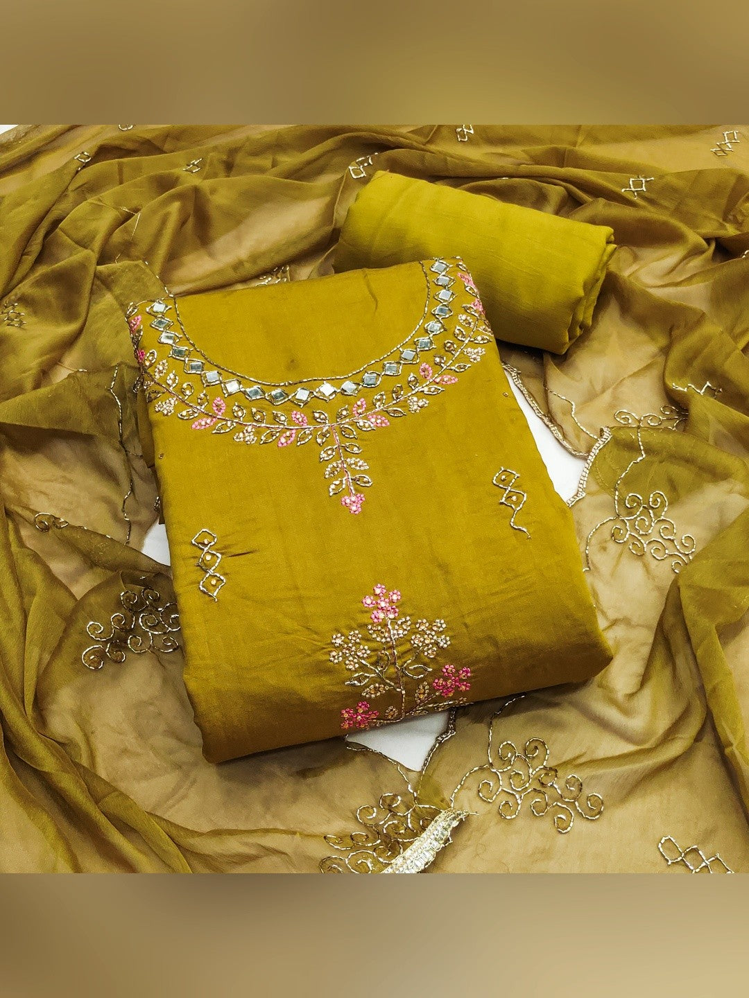 Premium Mustard Floral Hand Embroidered Cotton Silk Dress Material With Stone & Mirror Work - Image 2