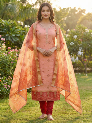Luxurious Peach Floral Beads & Moti Handwork Banarasi Silk Dress Material With Shimmering Sequins - Image 1