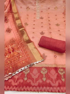 Luxurious Peach Floral Beads & Moti Handwork Banarasi Silk Dress Material With Shimmering Sequins - Image 2