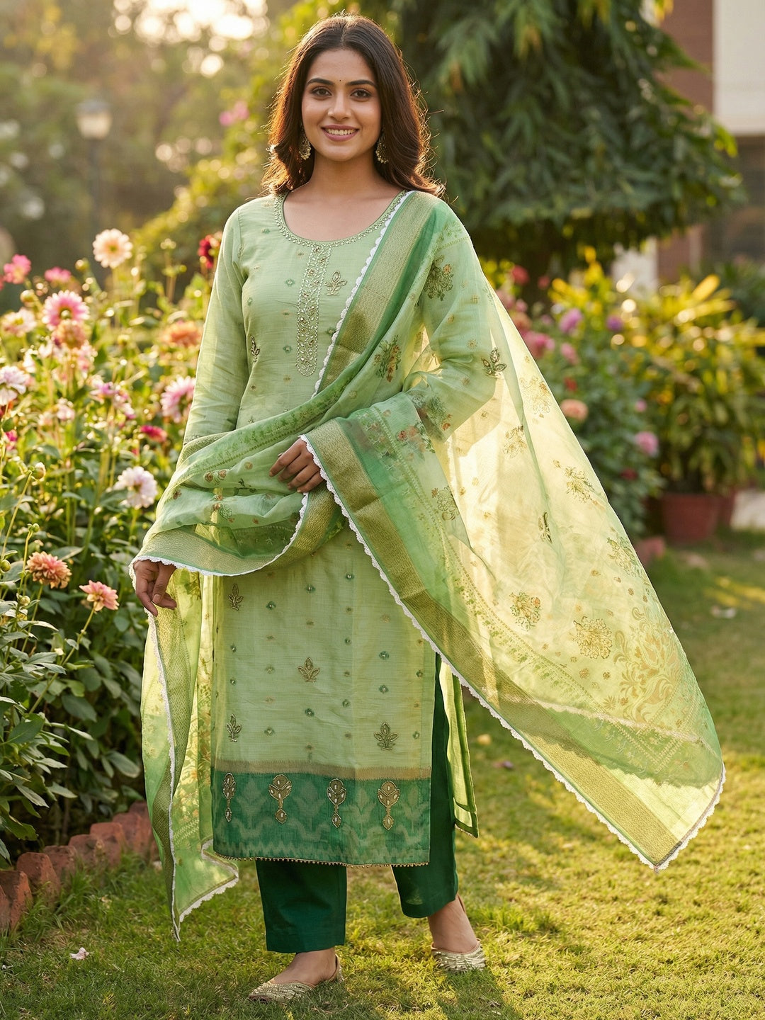 Luxurious Green Floral Beads & Moti Handwork Banarasi Silk Dress Material With Shimmering Sequins - Image 1