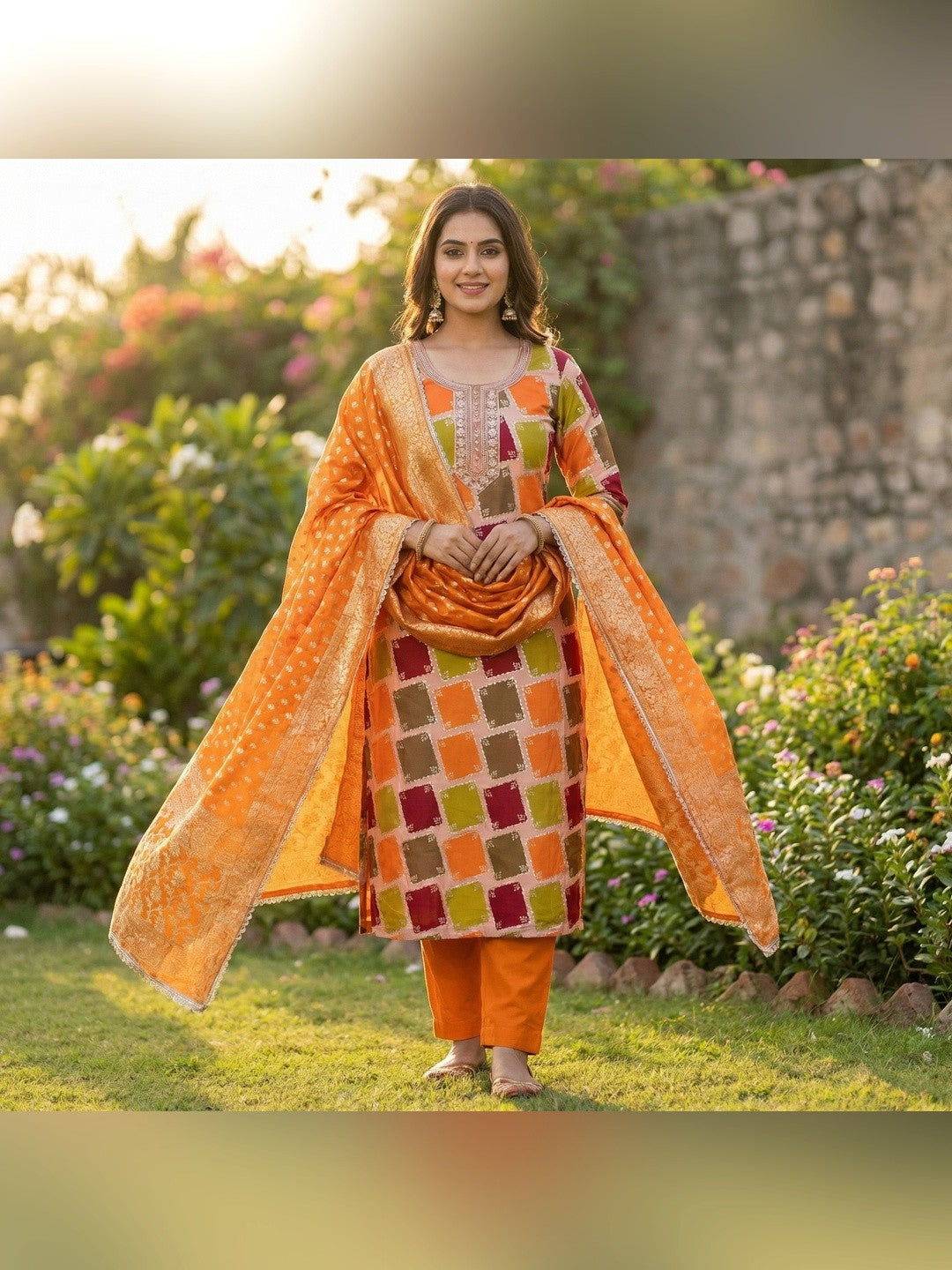 Classic Orange Sequins Embroidered Cotton Silk Dress Material With Digital Print & Moti Handwork - Image 2