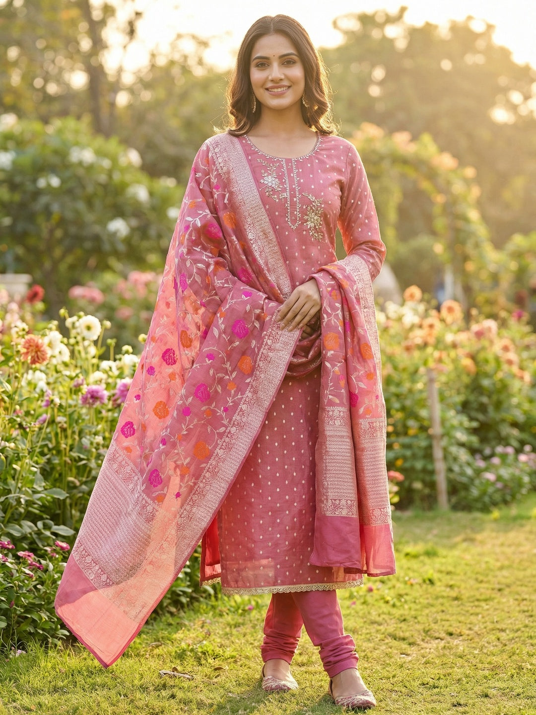 Elegant Pink Weaving Shimmer Banarasi Dress Material Adorned With Floral Moti & Sequin Work - Image 1