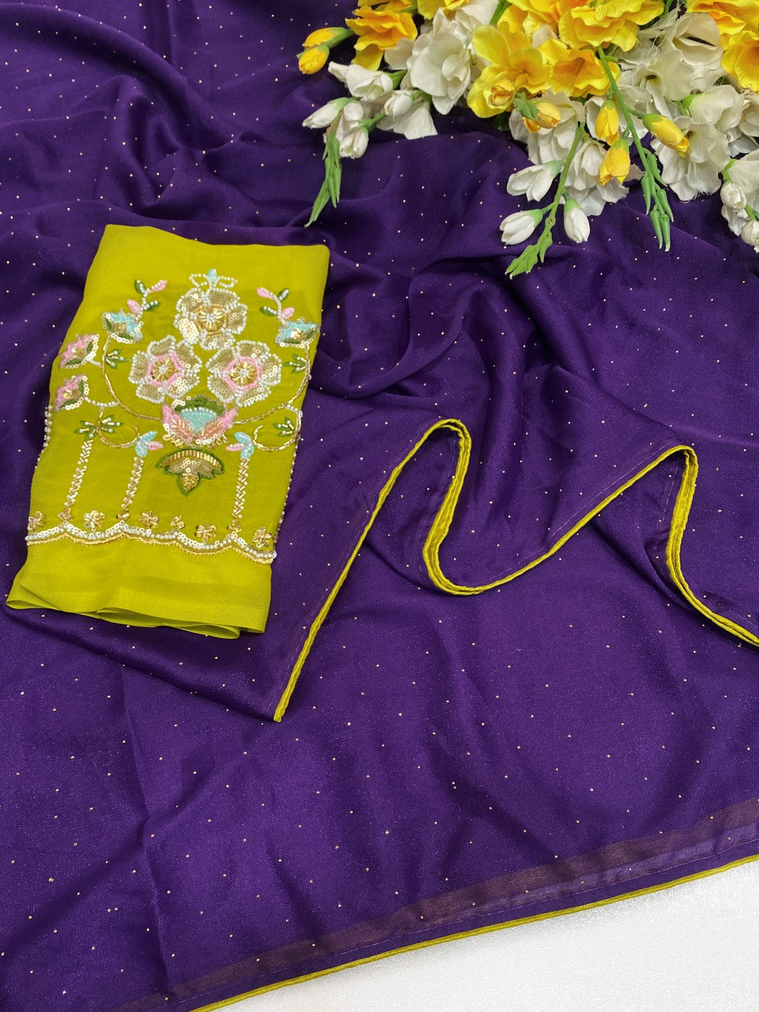 Graceful Purple Georgette Saree Accented With Shimmering Swarovski Work & Artful Tassel Pallu - Image 3