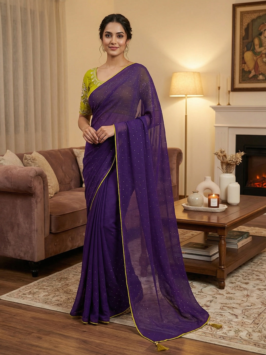 Graceful Purple Georgette Saree Accented With Shimmering Swarovski Work & Artful Tassel Pallu - Image 1