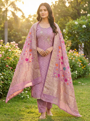 Elegant Light Purple Weaving Shimmer Banarasi Dress Material Adorned With Floral Moti & Sequin Work - Image 1