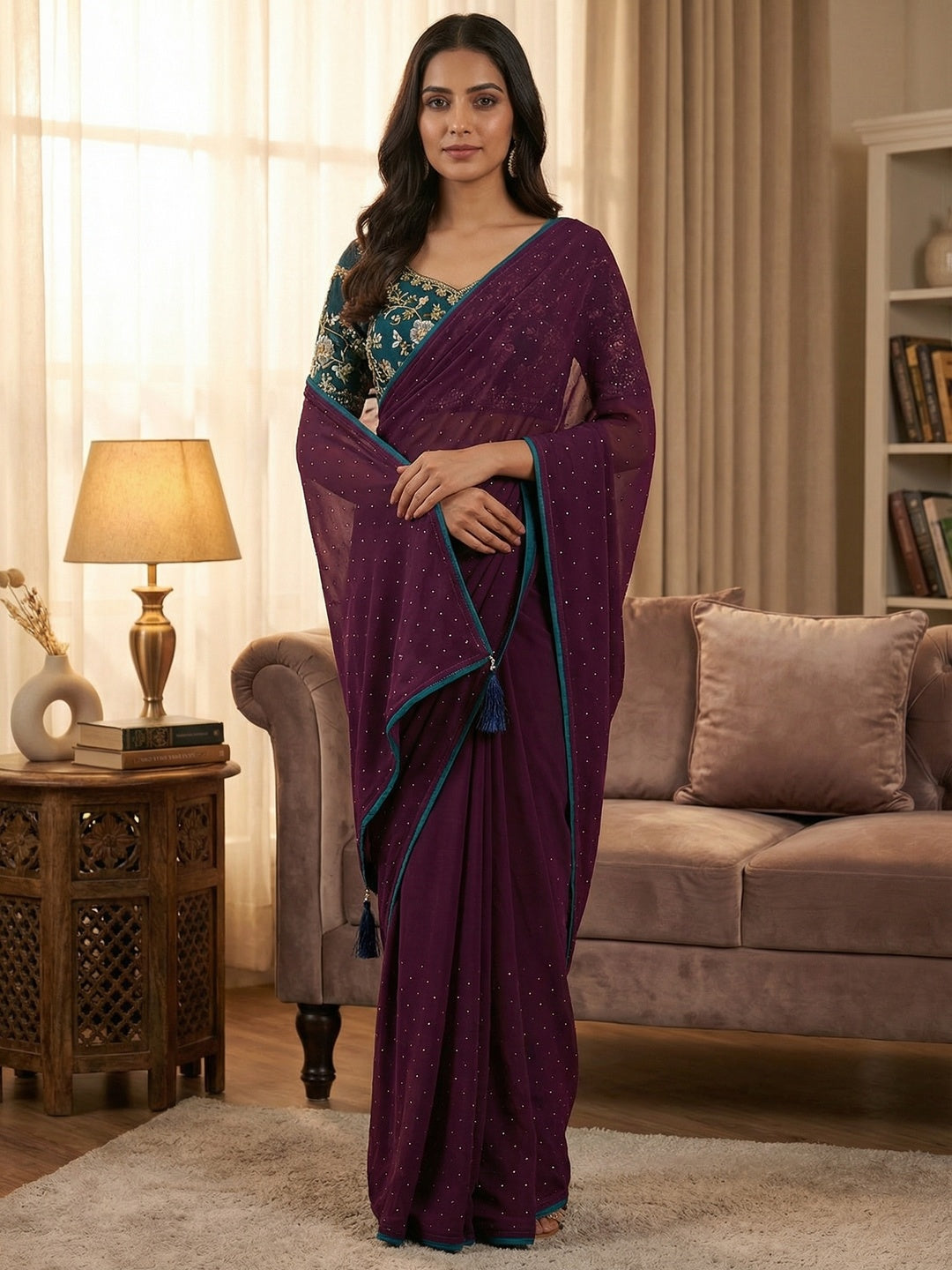 Graceful Wine Georgette Saree Accented With Shimmering Swarovski Work & Artful Tassel Pallu - Image 1