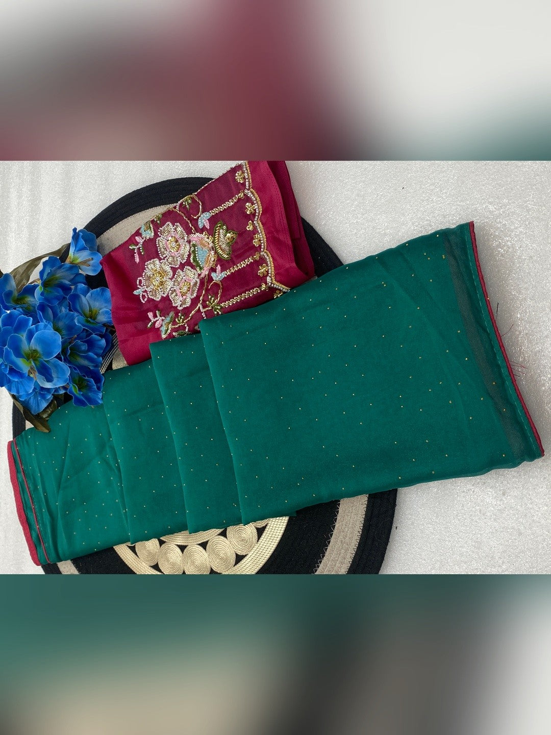 Graceful Rama Green Georgette Saree Accented With Shimmering Swarovski Work & Artful Tassel Pallu - Image 4