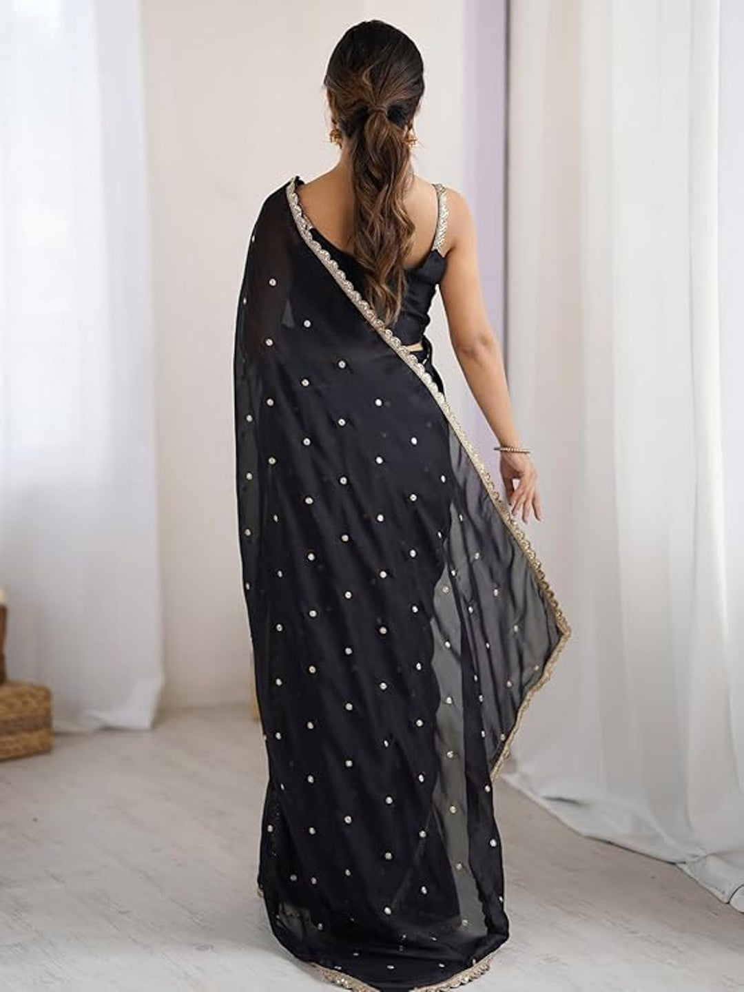 Royal Black Georgette Silk Party Wear Saree with Elegant Sequins Embellishment - Image 3