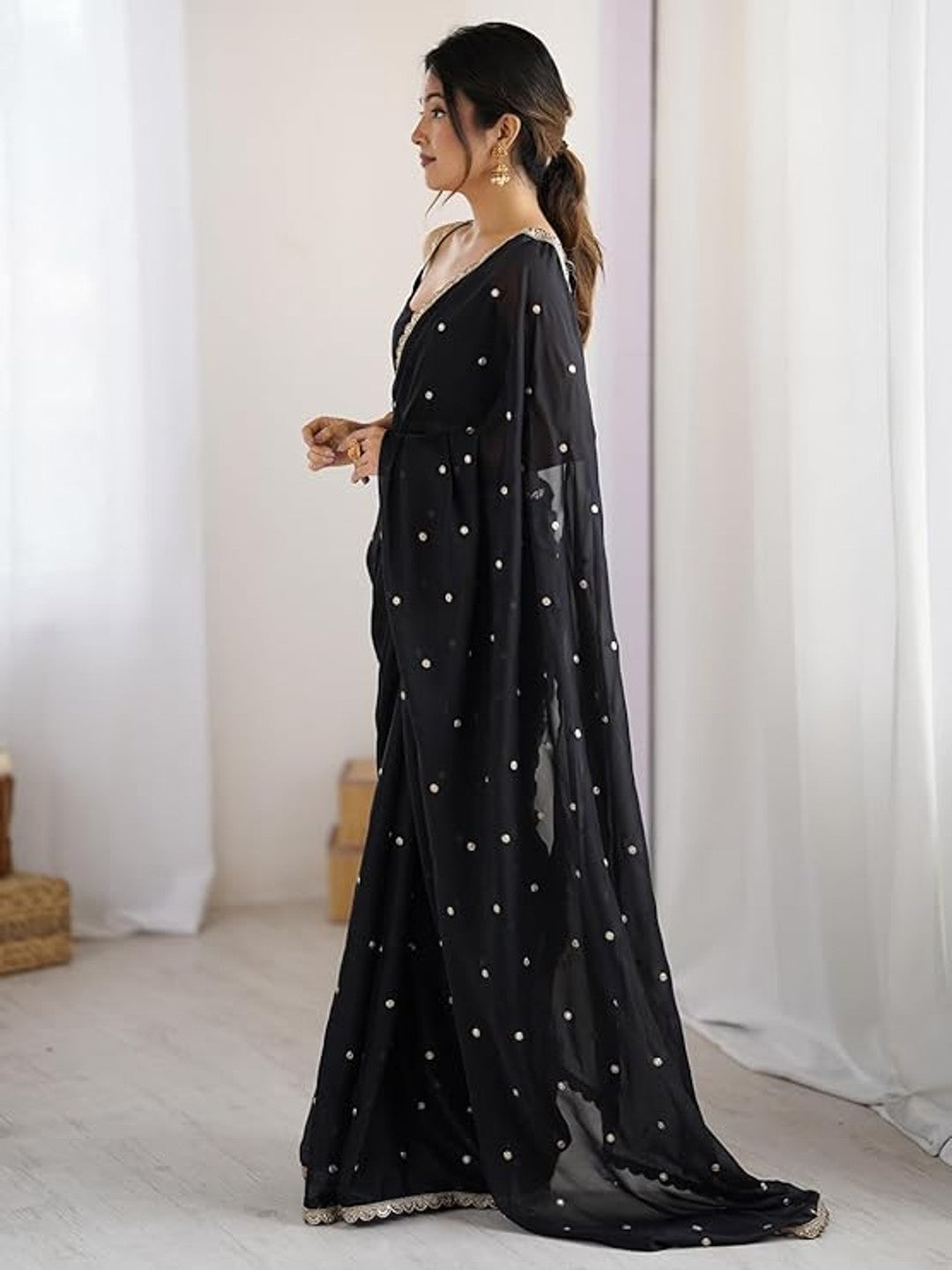 Royal Black Georgette Silk Party Wear Saree with Elegant Sequins Embellishment - Image 4