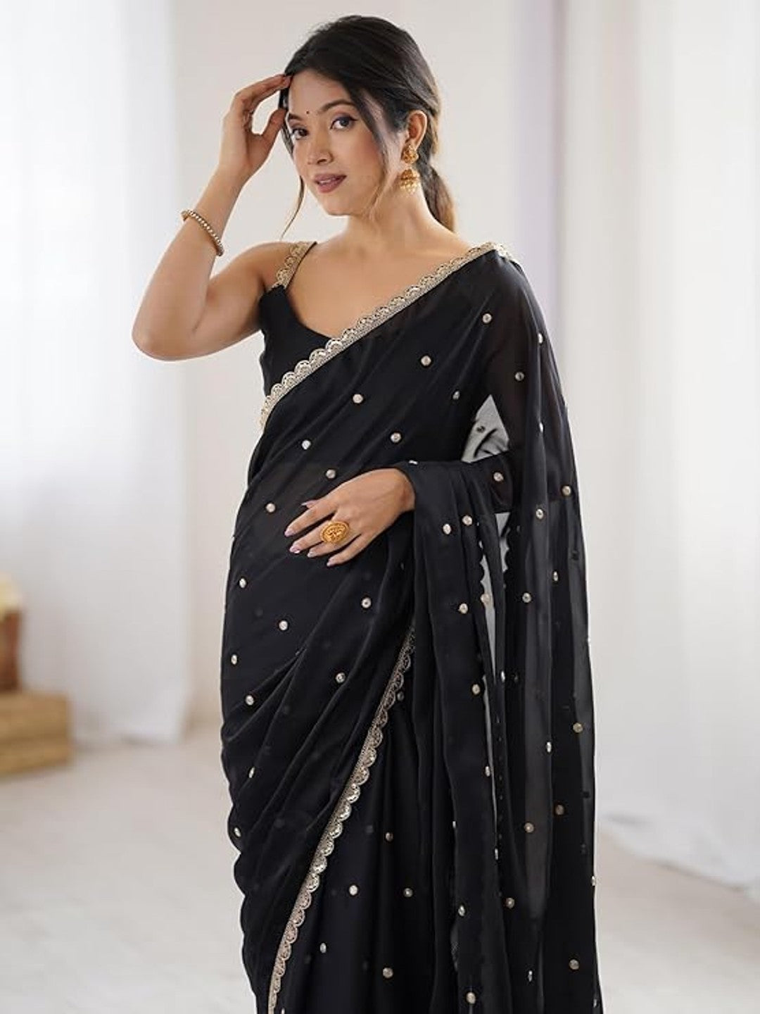 Royal Black Georgette Silk Party Wear Saree with Elegant Sequins Embellishment - Image 2