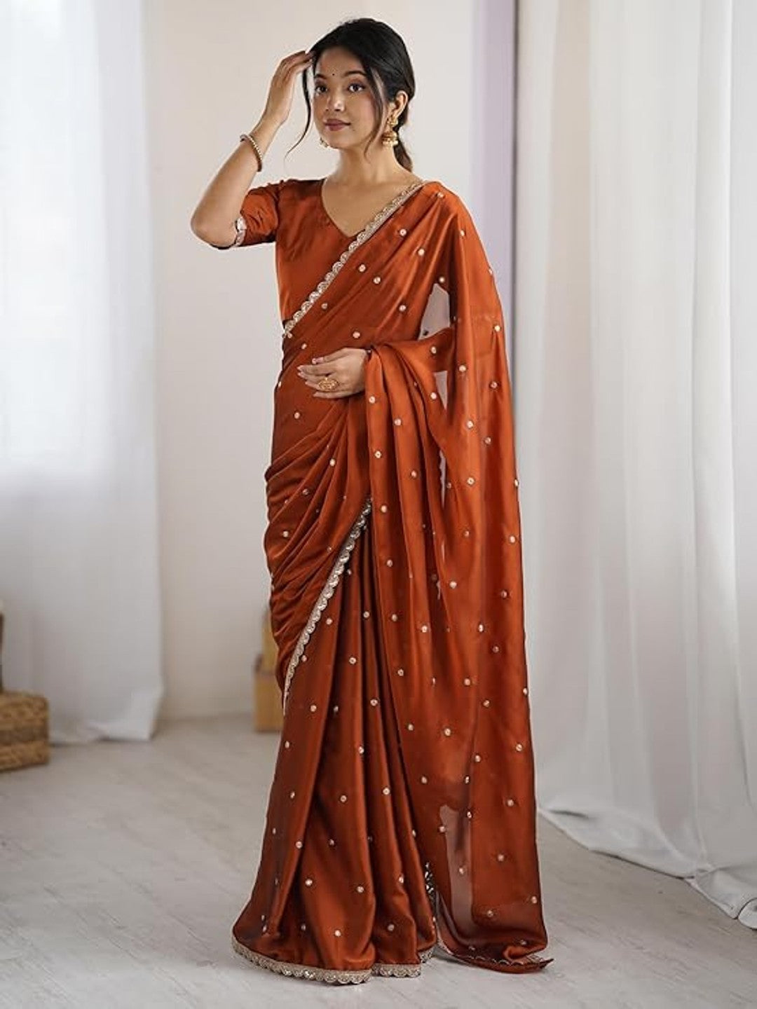 Royal Brown Silk Blend Party Wear Saree with Elegant Sequins Embellishment - Image 1