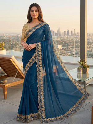 Elegant Blue Solid Georgette Saree Highlighted With A Delicate Floral Embroidered Border - Image 1
