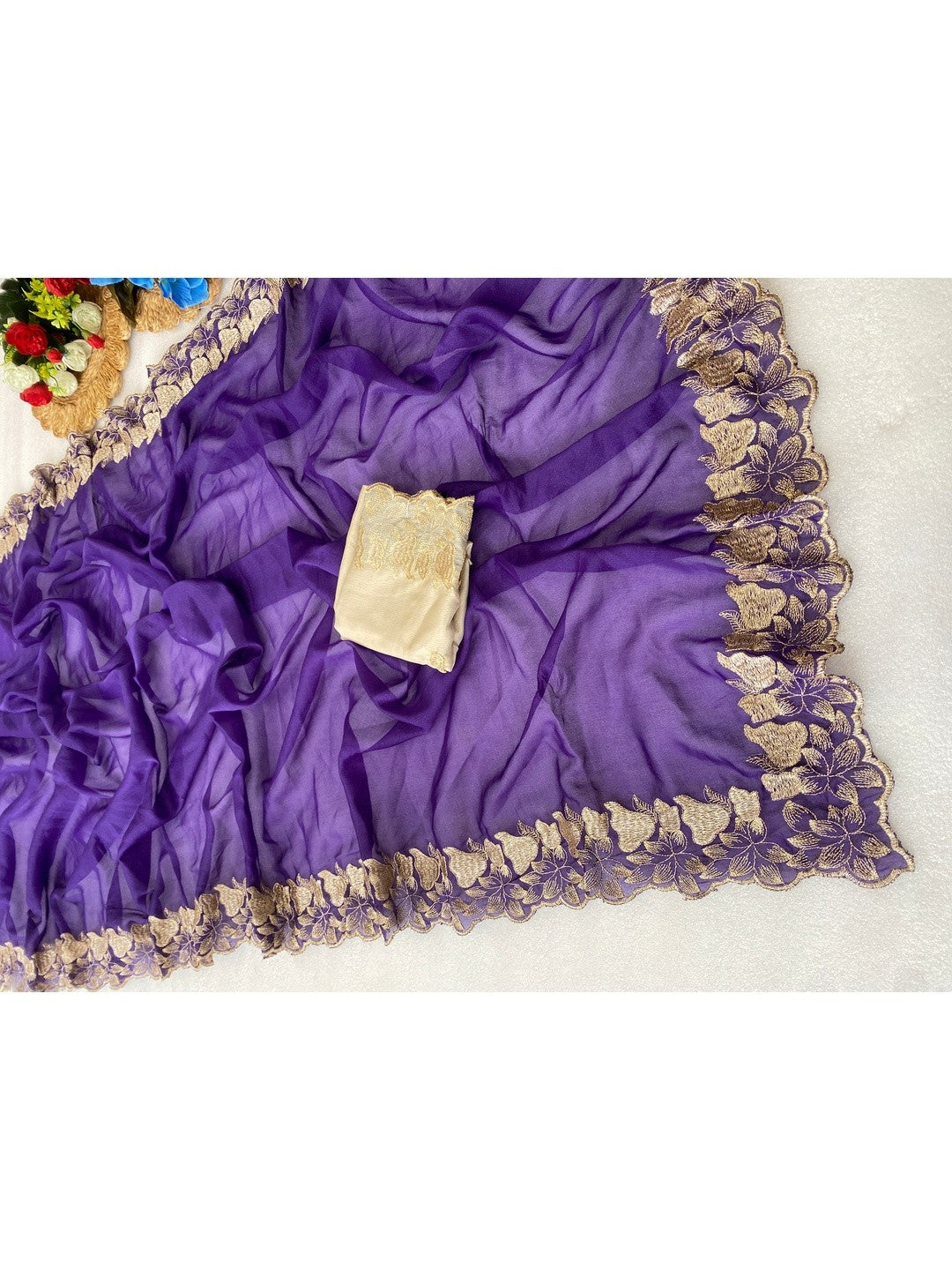 Elegant Purple Solid Georgette Saree Highlighted With A Delicate Floral Embroidered Border - Image 2